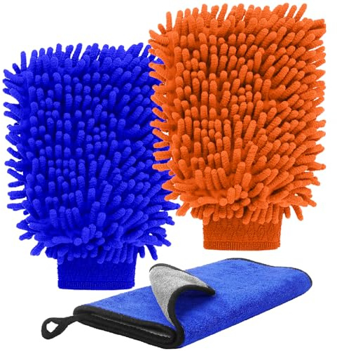 tallkeey 3 Pcs Microfiber Car Wash Mitts Set, Double Sided Car Washing Mitts, Super Absorbent Microfiber Wash Gloves, Cars Cleaning Mitts Glove for Cars Household Cleaning(Blue & Yellow)