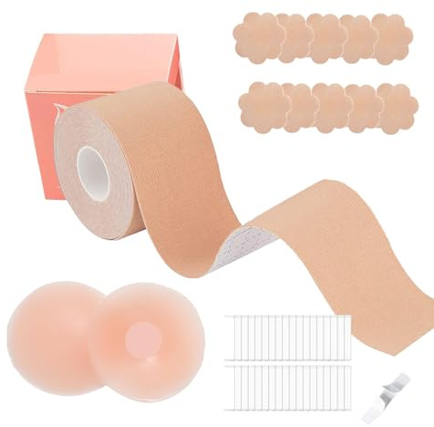 ONEINHE Lot de 36 rubans adhésifs double face en silicone pour rehausser les seins A-G, avec 1 ruban adhésif de 5 m, 5 paires de pétales de poitrine en satin, 1 paire d'autocollants en silicone,