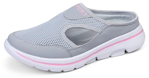 Meik Mangni Hausschuhe Damen Herren Clogs Leichte Pantoffeln atmungsaktive Pantoletten Mules rutschfest Gartenschuhe Sabots Outdoor Indoor Grau Pink Gr.42 EU
