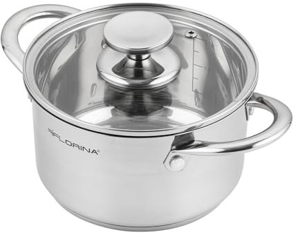 FLORINA Olla Acero Inoxidable (3,5 l) I 20 cm de Diámetro I Olla Ahorradora de Energía FALCON I Olla con Tapa de Vidrio y Escala Medidora I Todos los Tipos de Cocinas I Apta para Lavavajillas