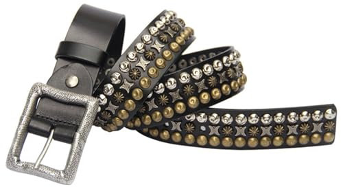 Surrycee Nietenbesetzter Gürtel aus echtem Leder, modischer Metall-Punk-Rock-Nietengürtel, Damen/Herren-Ösen-Pyramide, Gothic, für Männer und Frauen, Geschenk, 38 mm breit,Schwarz,105cm/waist:34~36