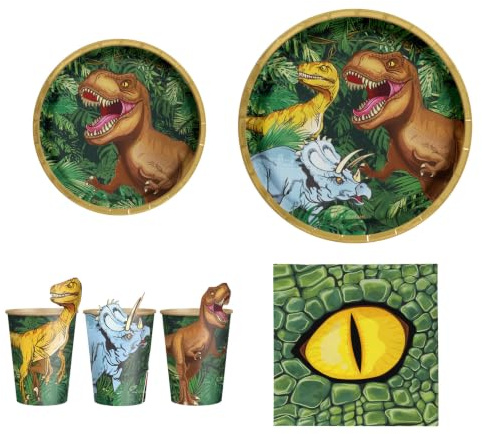 OH YEAH – Kit vaisselle jetable Dinosaure pour 6 personnes – 50 pièces – Assiettes, gobelets et serviettes – Décoration de table d'anniversaire enfant – Kit de fête
