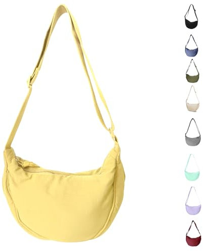 LOCCY Damen Halbmond Crossbody Schultertasche, Hobo Halfmoon Bag Einfarbige Nylon Crossbody Bag Damen Halbmond Schultertasche mit verstellbarer Schultergurt für Damen Reisen(Gelb)