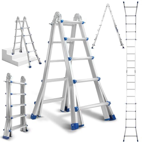Eulenke Teleskopleiter 5.13m 4x5 Sprossen Mehrzweckleiter Aluleiter, 4 in 1 Klappleiter 150 kg Belastbarkeit, Anlegeleiter, Treppenleiter, Bockleiter, Schiebeleiter