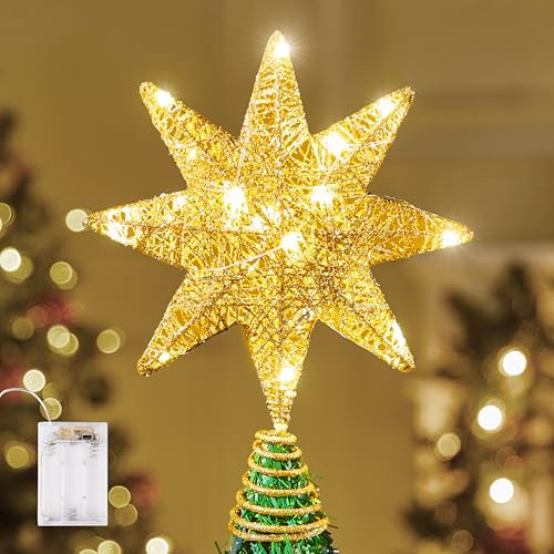 JOIEDOMI 10inch LED Metal Glitter 8-Point Star Christmas Tree Topper, 20LED Warm White Lights Golden Tree Topper, Battery Powered for Christmas Tree Decorations Home Holiday Xmas Party Indoor Decor