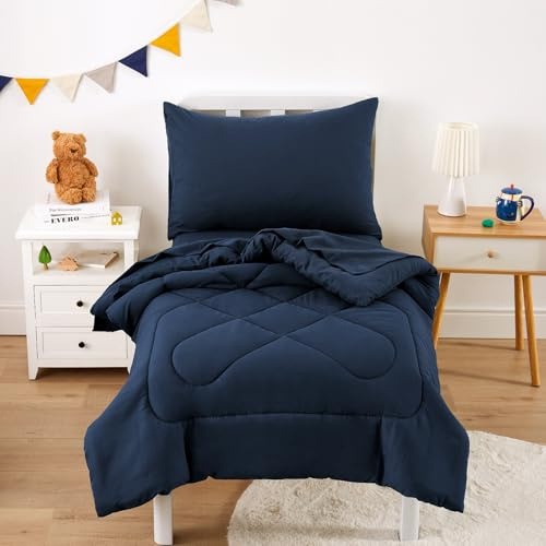 Wake In Cloud - Toddler Bedding Set for Boys Girls, 4 Pieces Soft Crib Bed Set Including Comforter, Sheets and Pillowcase, Navy Blue