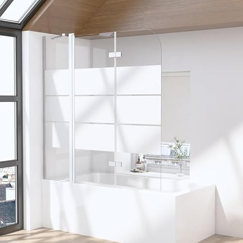 Goezes Duschwand für Badewanne 3-teilig 160x140 cm Faltbar, Duschabtrennung mit festem Segment, Gestreift Glas Badewannenaufsatz Duschtrennwand 6mm ESG Sicherheitsglas, Trennwand Höhe 140cm