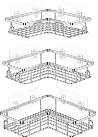 UUlioyer Corner Shower Caddy, Stainless Steel Bathroom Shelf No Drilling, Bath Storage with Hooks (3-Pack Corner Shower Caddy- Silver)