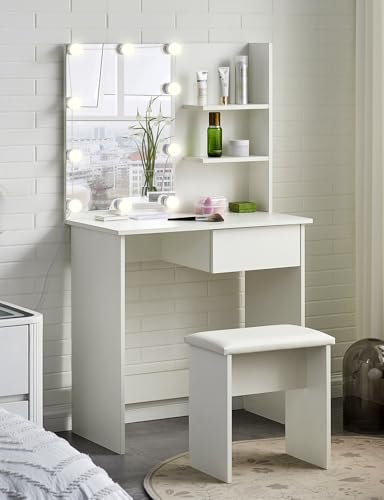 ZBAOLTO Weiß Schminktisch mit Beleuchtung, Frisiertisch mit Hocker und Spiegel, Schminktisch Klein mit 1 Schublade,Kosmetiktisch Holz für Schlafzimmer, 75 * 40 * 137 cm