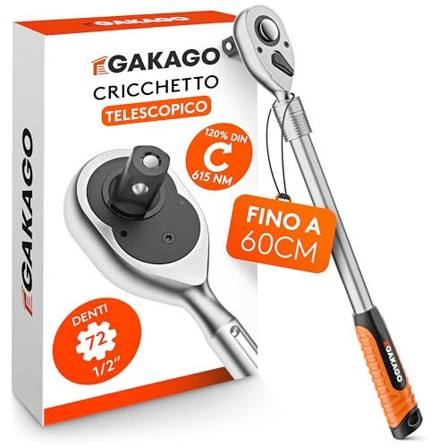Gakago Cricchetto telescopico da 1/2 pollice fino a 60 cm - Cricchetto reversibile extra lungo con impugnatura ergonomica - Potenza superiore con oltre 615 Nm e ingranaggi precisi a 72 denti fini