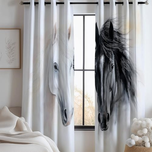 Blickdichte Gardinen Tier Aquarell Pferd Muster, Verdunkelungsvorhänge bedrucktes Weiß Deko für Schlafzimmer Wohnzimmer, Vorhänge Geräuschreduzierung H 200 x B 70 cm (2er Pack)