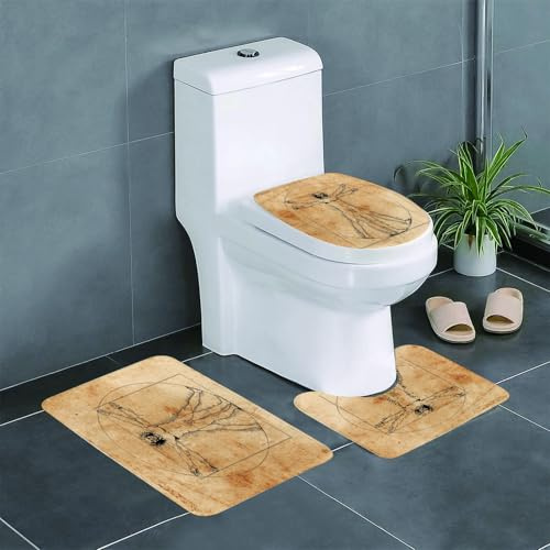 KGDHY Badezimmermatten-Sets 3-Teilig,Menschliche Anatomie, mittelalterlicher vitruvianischer Mensch, der berühmte Itali,Bad und WC-Vorleger-Set,rutschfeste Badezimmerteppiche wasserabsorbierende