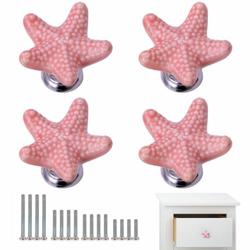 4 Pomoli in ceramica a forma di stella marina per armadietti, pomelli per mobili per bambini, pomelli per armadio, maniglie per mobili, Pomelli Cucina con 4 Dimensioni Vite (Rosa)