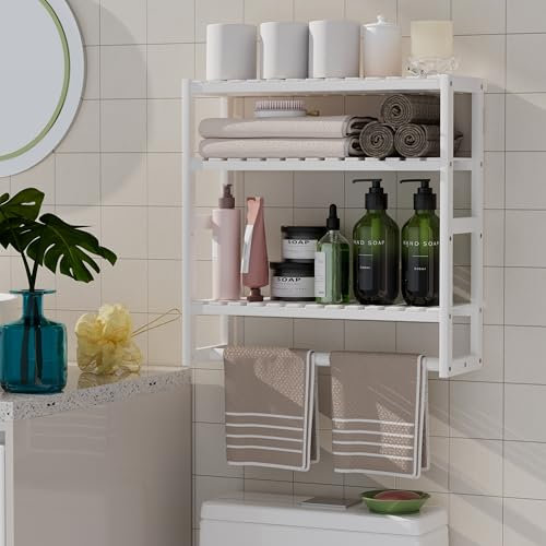 Handtuchhalter Badezimmer Lagerregale über der Toilette mit Handtuchstange 100% Bambus Höhenverstellbar Schweberegal Wand Duschregal für kleinen Raum Aktualisierte Malerei