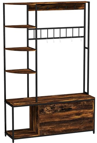 HOMCOM Perchero Zapatero Perchero Entrada Recibidor 4 en 1 con Banco Zapatero de 2 Pisos Estantes Ganchos Compartimento y Sistema Anti-vuelco para Pasillo Dormitorio 120x35x180 cm Marrón Oscuro