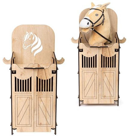 Hoofly® Hobby Horse Stall 1 Pferd – Kompakte Halterung für Steckenpferd | Hochwertiger Hobby Horsing Holzstall mit Türen, Haken & Stecksystem | Designed in Germany – Stabil & Platzsparend