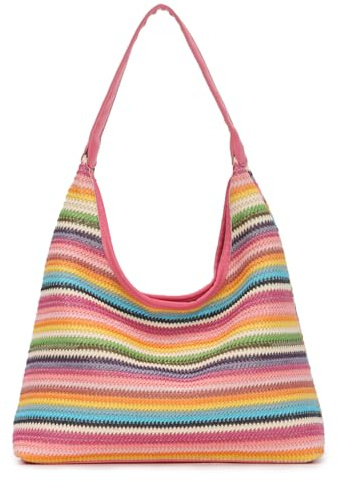 7VSTOHS Sac à Bandoulière en Paille pour les Femmes, Grands Sacs en Paille Tissé Poignée Artisanale sac Fourre-tout en Cuir Durable sac à Bandoulière Bohémien pour la Plage Voyage