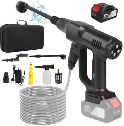 Hidrolimpiadora de Alta Presion Batería - 18V 20 Bar Hidrolimpiadora Bateria, Boquilla 6 En 1, Manguera De 5m, Jarra De Espuma, Filtro De Agua, para Limpiar Coches, Suelos (1x13000mAh)