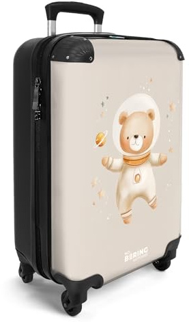 NoBoringSuitcases© Handgepäck Koffer Kinder Reisekoffer Kinderkoffer mit 4 | 55x35x20 cm - Rollen Leicht Cabin Trolley Hartschalenkoffer Flugzeug Bär - Weltraum - Sterne - Beige