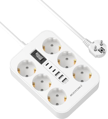Mehrfachsteckdose 6-Fach mit 6 USB(3 USB-C), Steckdosenleiste Wandmontage | Mit Überlastschalter, 2 M Kabel, Überspannungsschutz, 4000W, Weiß