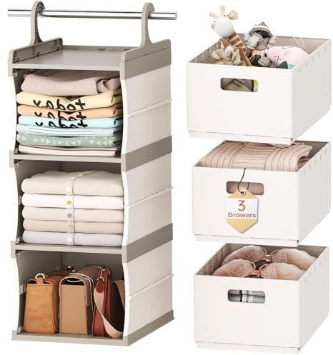 HAIXIN 3-Tier Plastic Hanging Shelves Wardrobe Storage Organizer with 3 Removable Drawers, Clothes Storage and Organization for Bedroom, Camping, Space-Saving, Washable, Easy Install, Durable Hook