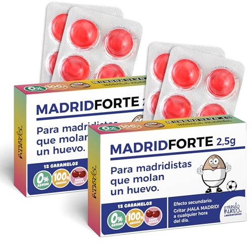 Pack 2 cajas de caramelos MADRIDFORTE | 24 caramelos sin azúcar sabor cereza | Regalo doble divertido para madridistas de pura cepa | Perfecto para cumpleaños, Clásicos o finales europeas