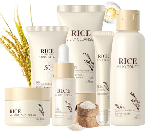 Reis Gesichtspflege Skincare Set 6pcs, Rice Pflegeset Damen Skin Care Glättet die Haut, Beauty Set Frauen, Beruhigende Pflegeset Damen mit Reiniger, Rice Toner, Face Cream, Serum, Eye Cream, Sunscreen