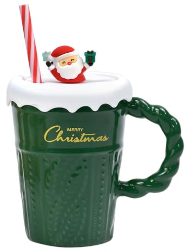 KITERI 400ML Christmas Coffee Mug, Christmas Ceramic Coffee Cup Green Xmas Mugs with Lid Cute Christms Tea Cup Christma Hot Chocolate Mug with Straw for Winter Xmas Gift Festive Party