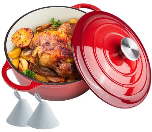 Dutch Oven Emailliertes Gusseisen mit Deckel, große Doppelgriffe, ofenfest bis 260 °C, klassischer runder Topf für vielseitiges Kochen, Rot