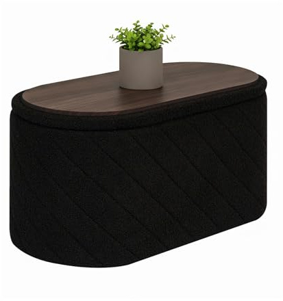Bonlife Oval Ottoman with Storage Bench, Folding Foot Rest with Lid, Boucle End of Bed Bench,Foostool for Living Room,Bedroom,Entryway,Black,76x38x38cm