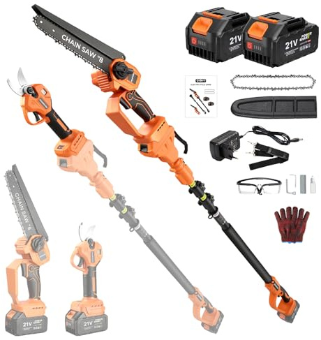 4-in-1 Akku-Hochentaster, 20cm Mini-Kettensäge & elektrische Gartenschere mit bürstenlosem Motor, automatischer Ölung 4,5 m Reichweite, 2 x 21V 4,0 Ah Akkus für Baumschnitt & Holzbearbeitung | Elektrische Stangensäge mit 2 × 21 V 4 Ah Akkus und Ladegerät, 4,5 m erweiterte Reichweite, Buschschneider