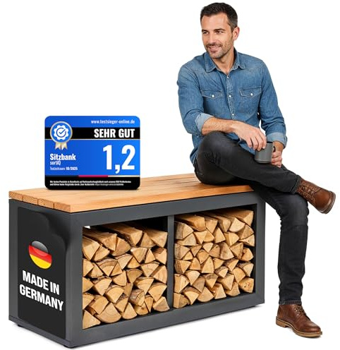 sortiQ Holzlager Bank - Sitzbank mit Stauraum, feuerverzinktes, pulverbeschichtetes Stahlblech | Douglasie-Sitzfläche | Wetterfeste, Moderne Sitztruhe | Storage Bench | Made in Germany (130 x 50 cm)