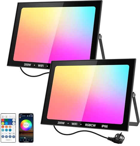 NATPOW Projecteur LED RGB Exterieur 200W, 2 pièces Spot de Couleur avec Application Bluetooth et Télécommande, 16 Millions Couleurs 12 Modes, IP66 Étanche Lumière Led pour Jardins, Patios, Fête, Noël