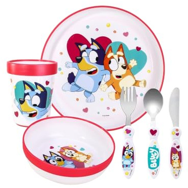 Bluey Kids 6 Piece Reusable Dinner Set - Cup, Bowl, Plate & Cutlery | Lightweight & Kid-Friendly Dinnerware Set Includes Knife, Fork & Spoon, Toddler Plastic Tableware Set | Easy to Hold Design