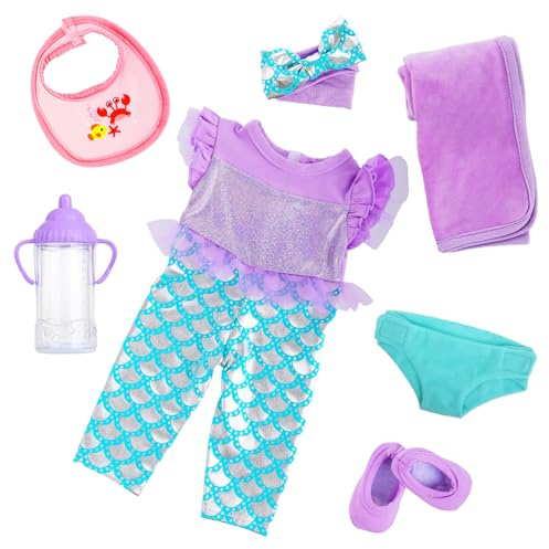 Vêtements et Accessoires pour Poupée Bébé 16-18 Pouces | Ensemble Complet Sirène : Grenouillère, Voile d'Emmaillotage, Bandeau, Bavoir, Biberon, Chaussons, sous-vêtements