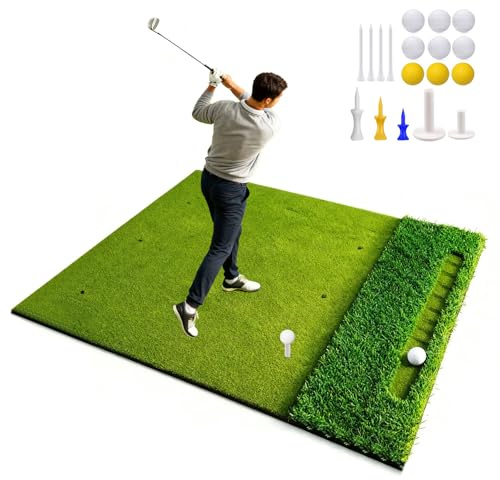 5x4ft Golf Hitting Mat, Premium Thickened Mat (40mm Long Grass+ 16mm Putting Green Turf+ 10mm High-Elastic Cushion), Includes 9 Balls & 9 TEEs, Dual Tee & Chipping Area Design