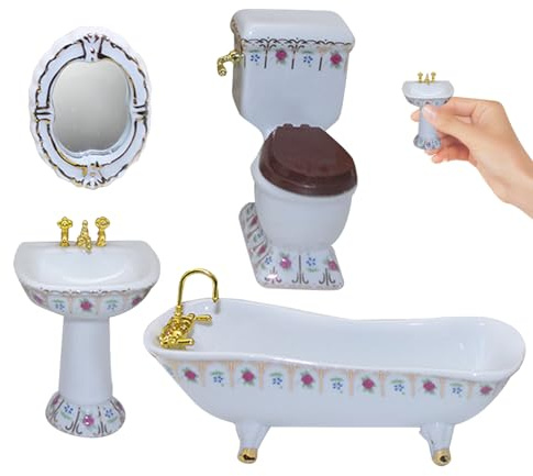 Joygoodta Juego de baño para casa de muñecas, Inodoro, Bañera, Lavabo, Espejo 1:12, Muebles para casa de muñecas, Juguetes con patrón Floral para Accesorios para de