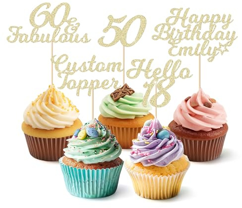 EDSG Personalised Cupcake Toppers, 6pcs Glitter Happy Birthday Cupcake Toppers with Any Text, Custom Cake Decorations Party Supplies for Birthday, Wedding, Baby Shower (Champagne Gold)