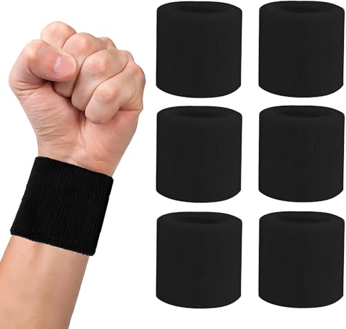 Oiieco 6 PCS Wrist Sweatbands Sports Wristbands for Men Women, Absorbent Elastic Gym Wrist Bands, Soft Breathable Sweat Wristbands for Running Tennis Basketball Fitness, Black 8x8 cm
