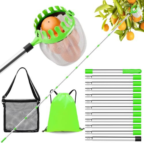 ytorgr 4,6 M Recogedor Telescópico Mango Frutas Ajustable para Manzanas | Con 2 bolsas de almacenamiento Peras cosecha cítricos peras