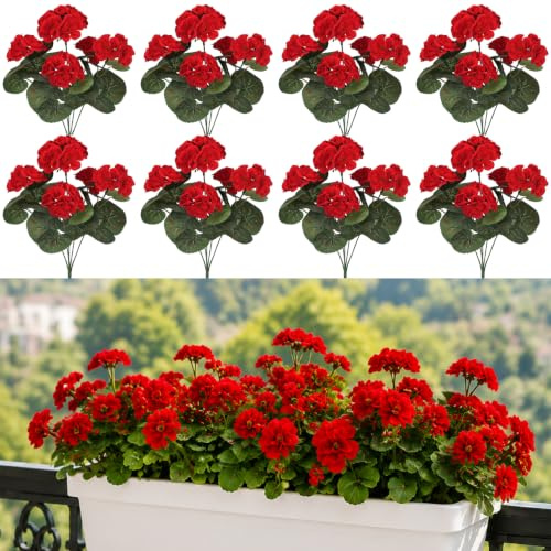 Hoadyush 8 Piezas Flores Artificiales, Geranios Artificiales de Seda Rojos, Planta Artificial Exterior Realistas, Exteriores Resistentes UV Intemperie, Jardines Colgantes Porches Jardineras Ventana