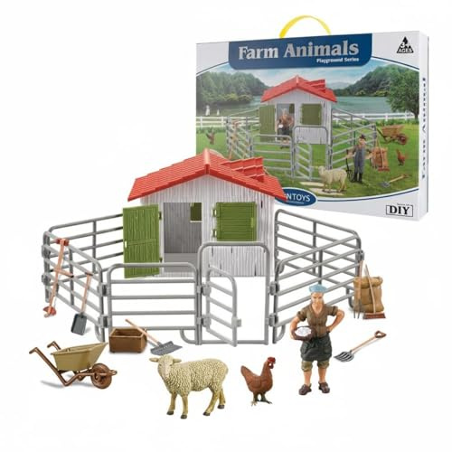 harayaa Figurines de Ferme Ensemble Animaux Grange Clôtures Outils Miniatures en Plastique Réalisme Éducatif Construction de Scène Jeu Imaginatif , Ferme Joyeuse - Ensemble B
