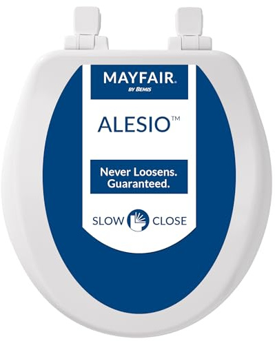 Mayfair Alesio II Slow Close Toilet Seat, Easy Clean Hinges and Adjustable Perfect Fit Wood Seat, Made in USA, Round, White
