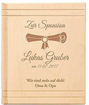 Casa Vivente – Spardose Buch – Mit Gravur Zur Sponsion - Personalisiert mit Namen und Datum – Motiv Urkunde - Sparbüchse aus Birkenholz – Geschenkidee zum akademischen Abschluss