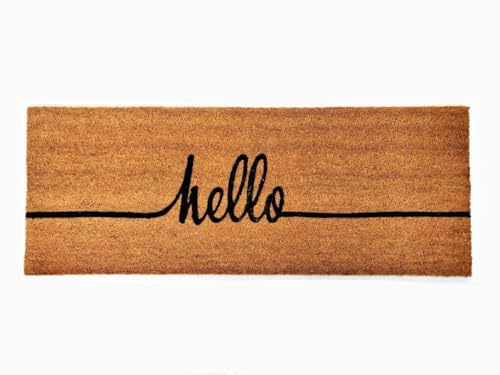 Kempf Cursive Hello Coco Coir Doormat, 18 x 47, Heavy-Duty Indoor Outdoor Entrance Mat with Non-Slip Backing
