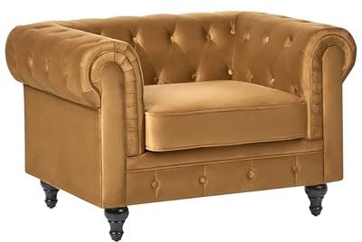 Sillón Chesterfield tapizado en tela de terciopelo amarillo patas de madera oscura estilo contemporáneo Chesterfield