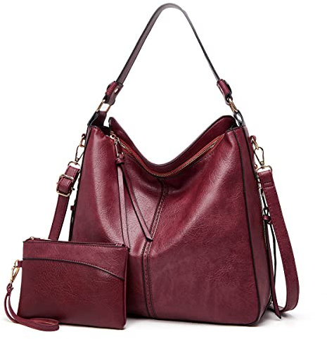 Lifecooler Sac Hobo Sac Cabas Femme Sac a Main Grand Cuir PU Sac Bandoulière Fourre-Tout et Portefeuille Ensemble pour Travail Voyage et Shopping(rouge-violet)