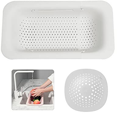 Koomuao Waschbecken Filterablage,Einstellbarer Siebkorb für Spülbecken,Spüle zubehör Küchenhelfer für Geschirr Obst Gemüse,Plastik Filterablage zum Waschen,Küchenutensilien (Weiß)