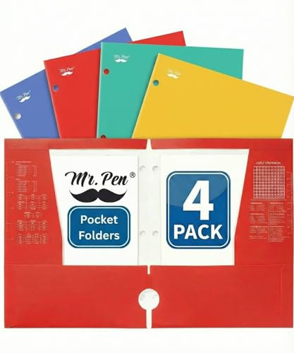 Mr. Pen - Lot de 4 dossiers à 4 poches, couleurs vives, perforées à 3 trous, dossiers scolaires avec poches pour classeur à 3 anneaux