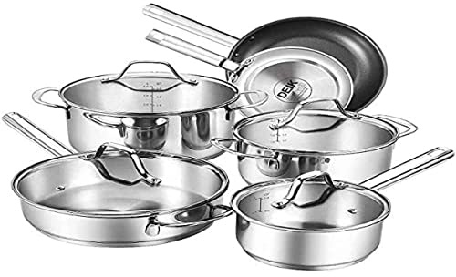 EN-228281 Batteria di Pentole Chef 10 Pezzi Set di Pentole e Padelle, Casseruola in Acciaio Inox Cromato Adatto per Piastre a Induzione, Coperchio in Vetro con Sistema Evaporativo